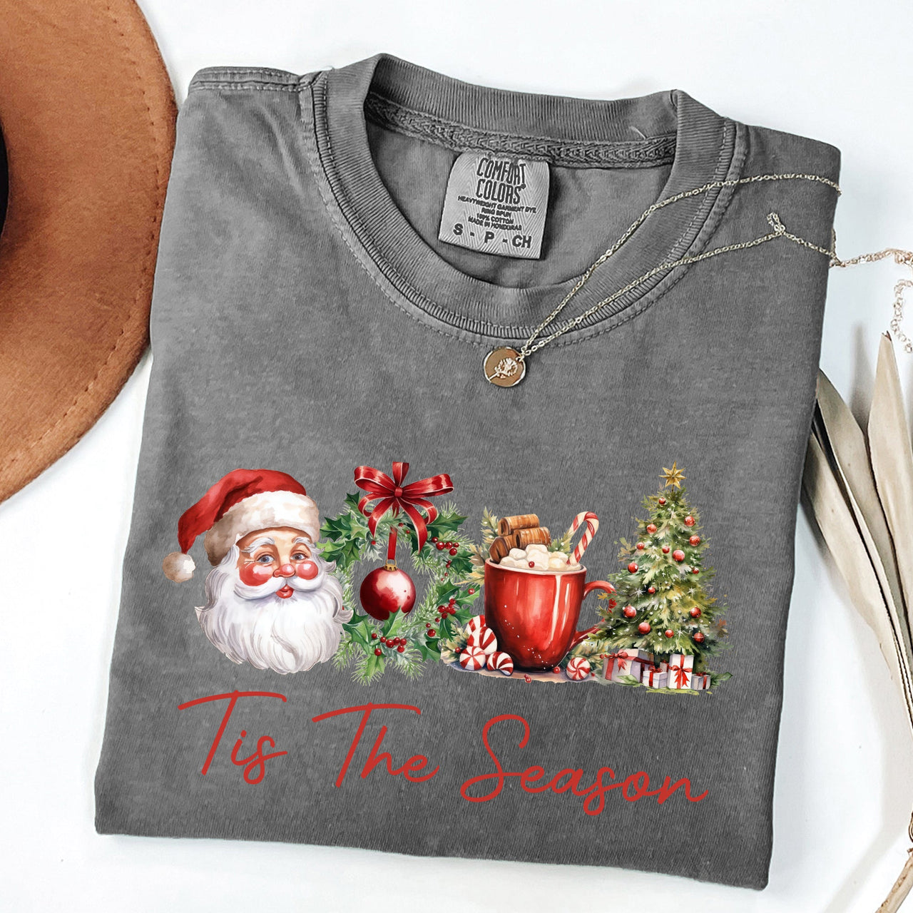 Tis The Season Retro Santa Coffee Christmas Tree Xmas Holiday Edition Comfort Colors Tee
