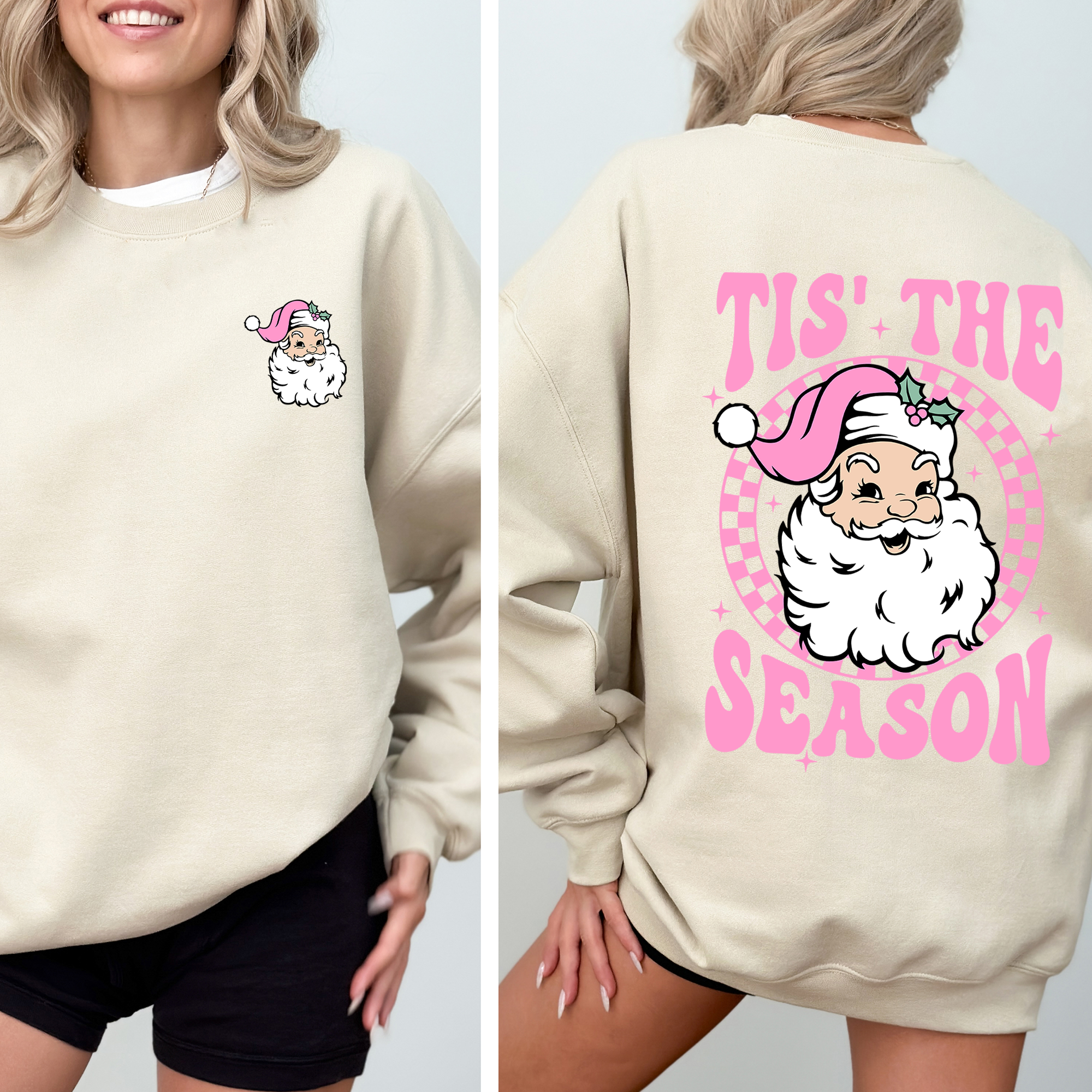 Tis The Season Retro Santa Checkered Front And Back Graphic Vintage Holiday Sweatshirt