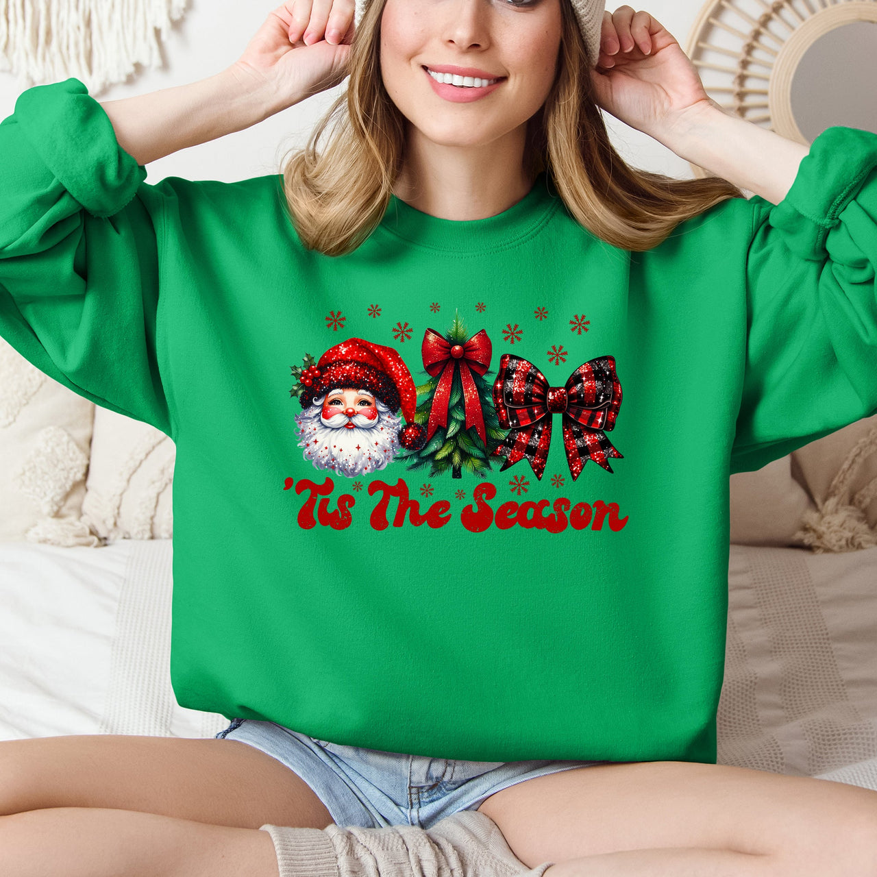 Tis The Season Santa Christmas Tree Checkered Bow Ribbon Holiday Cheer Festive Collection Sweatshirt