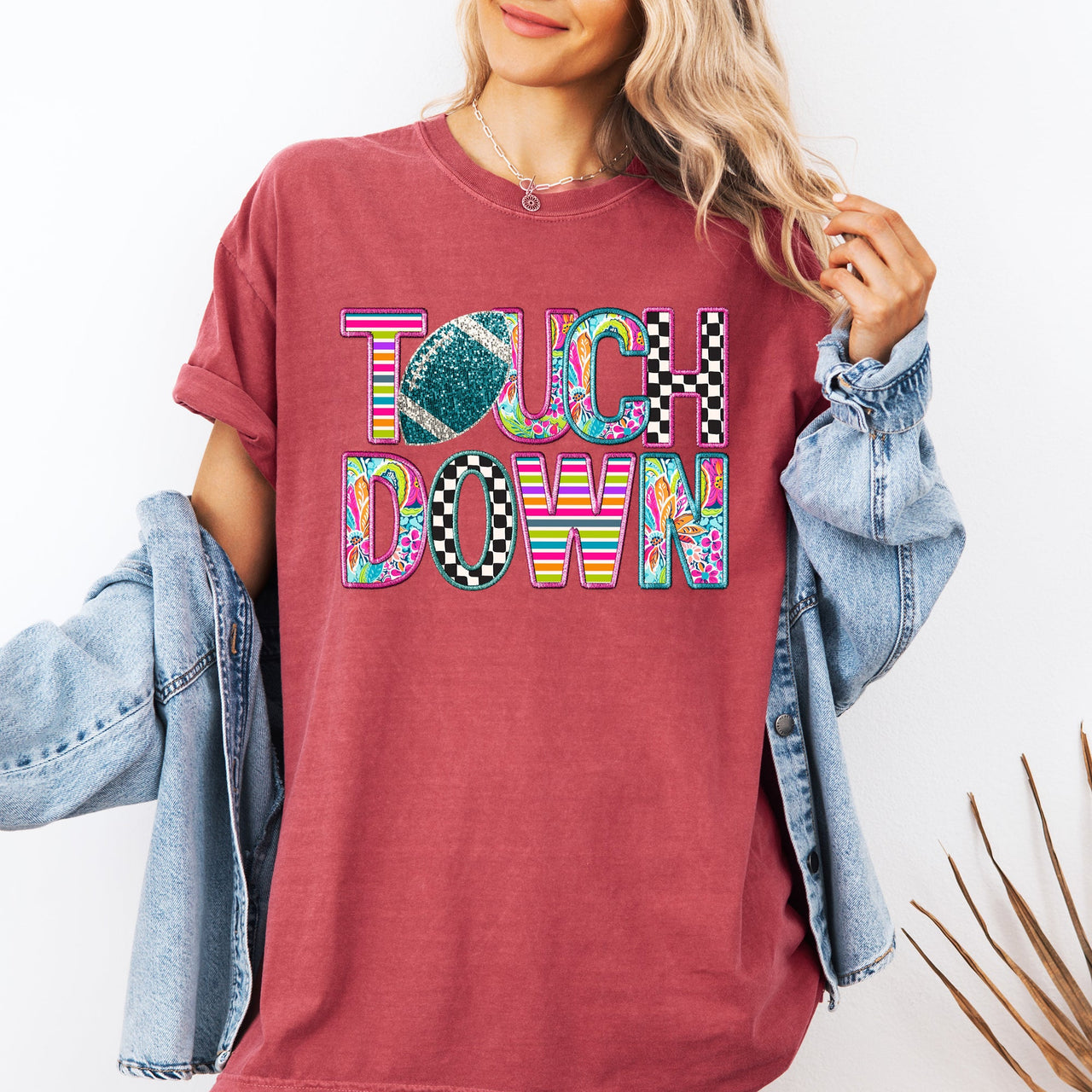 Touchdown Faux Printed Embroidery Look Colorful Girly Football Game Day Tailgate Party Comfort Colors Tee