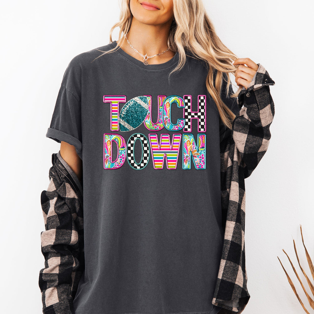 Touchdown Faux Printed Embroidery Look Colorful Girly Football Game Day Tailgate Party Comfort Colors Tee