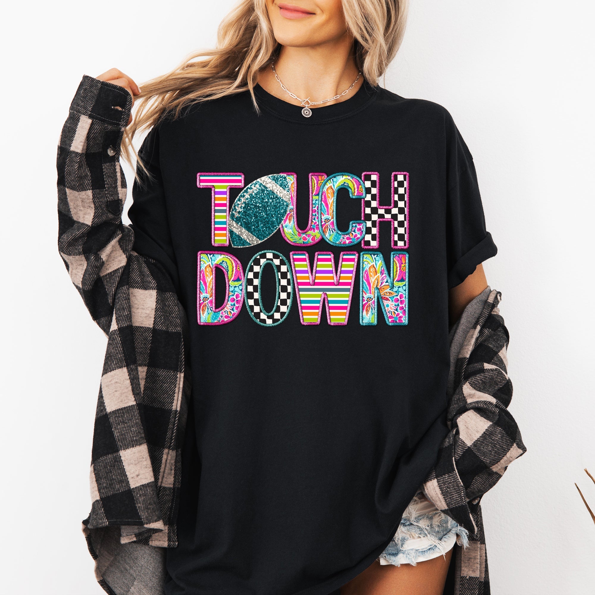 Touchdown Faux Printed Embroidery Look Colorful Girly Football Game Day Tailgate Party Comfort Colors Tee