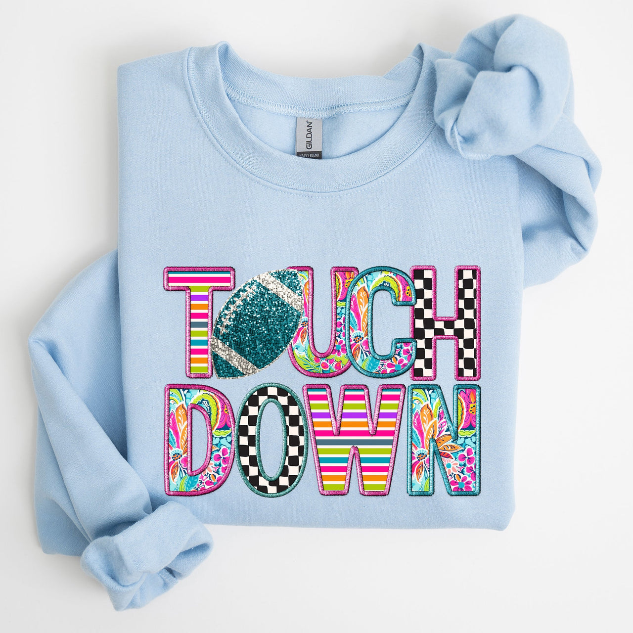 Touchdown Faux Printed Embroidery Look Colorful Girly Football Sports Game Day Big Game Tailgate Party Sweatshirt