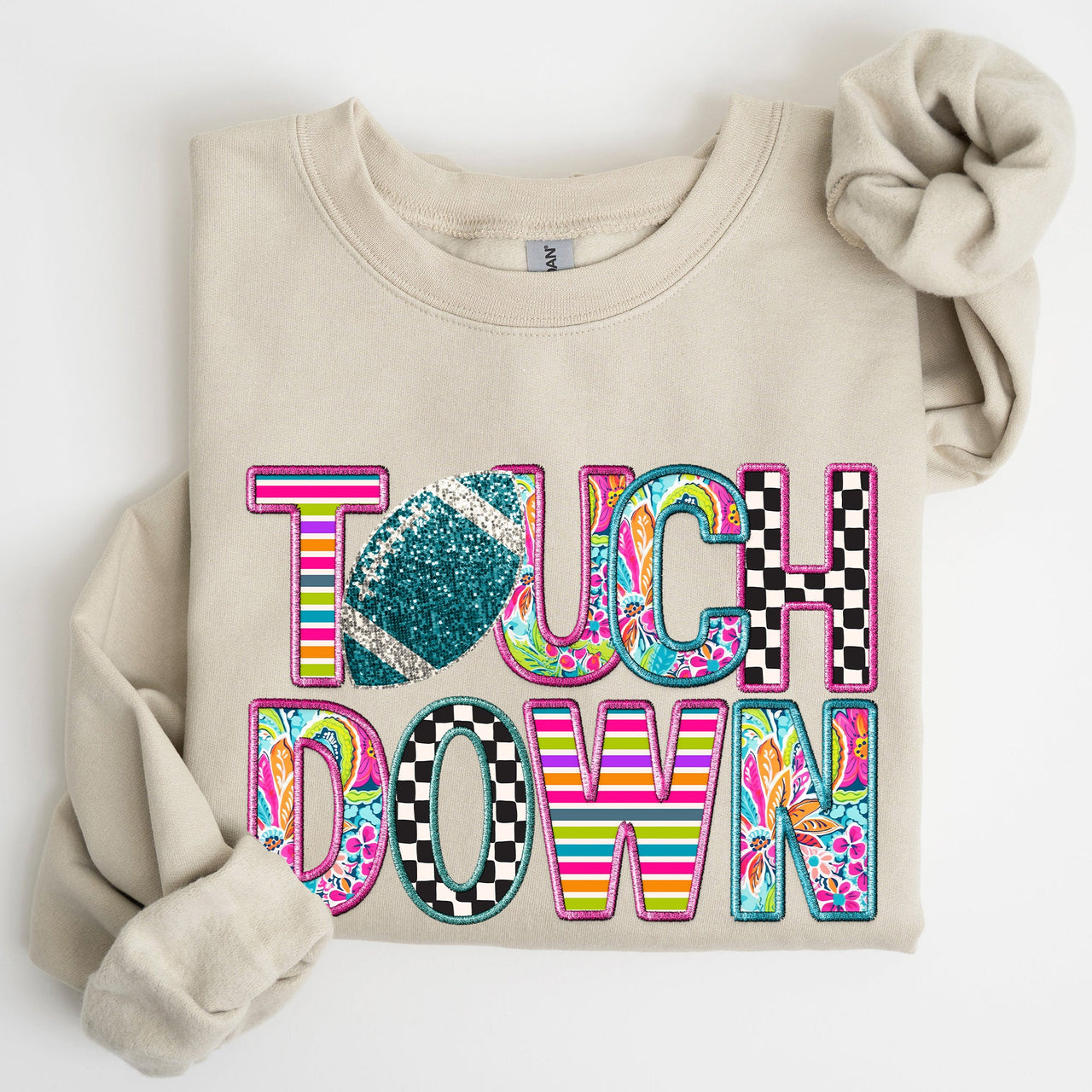 Touchdown Faux Printed Embroidery Look Colorful Girly Football Sports Game Day Big Game Tailgate Party Sweatshirt