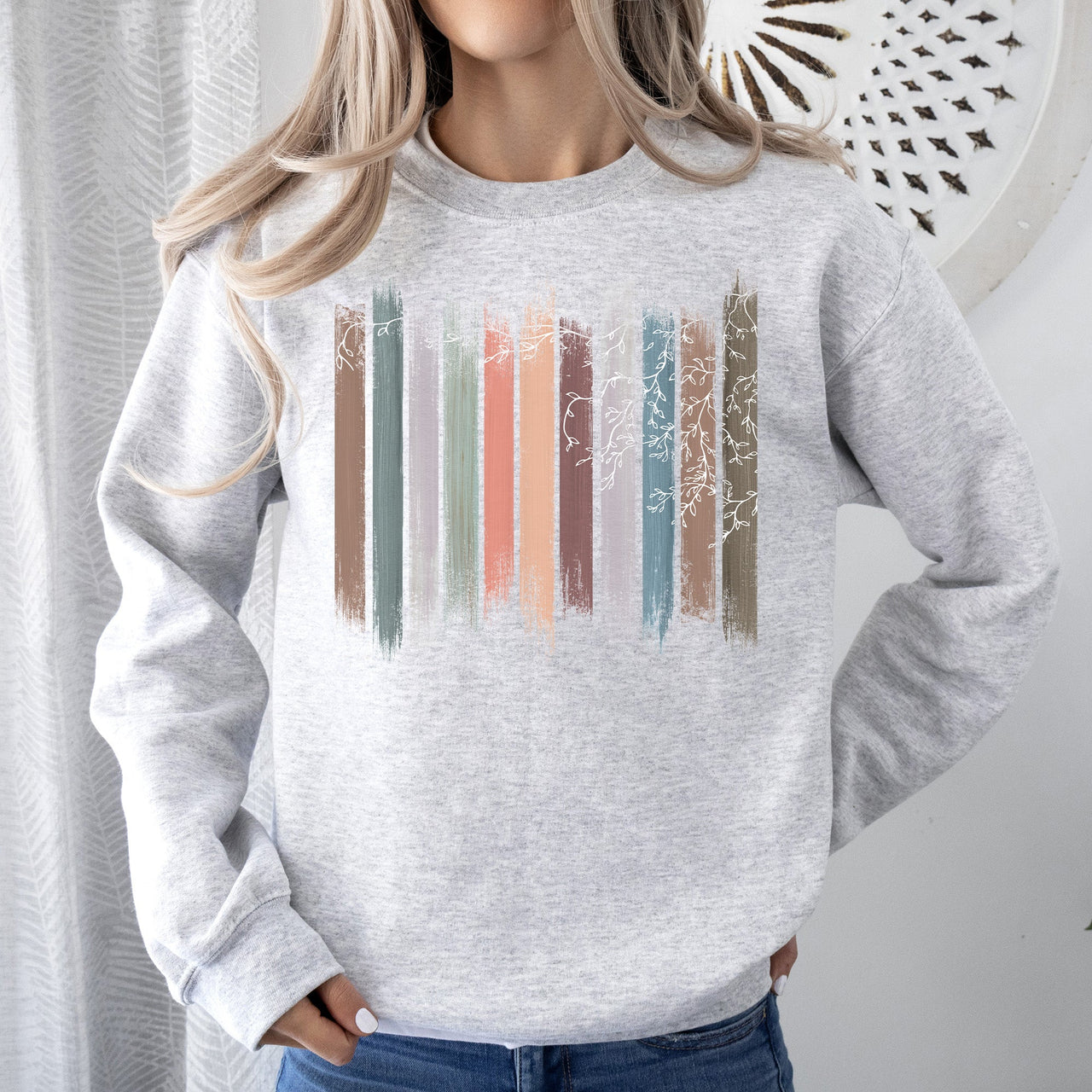 Trailing Vines, Nature, Botanical Stripes Inspired Foliage Pattern Cozy Fleece Sweatshirt