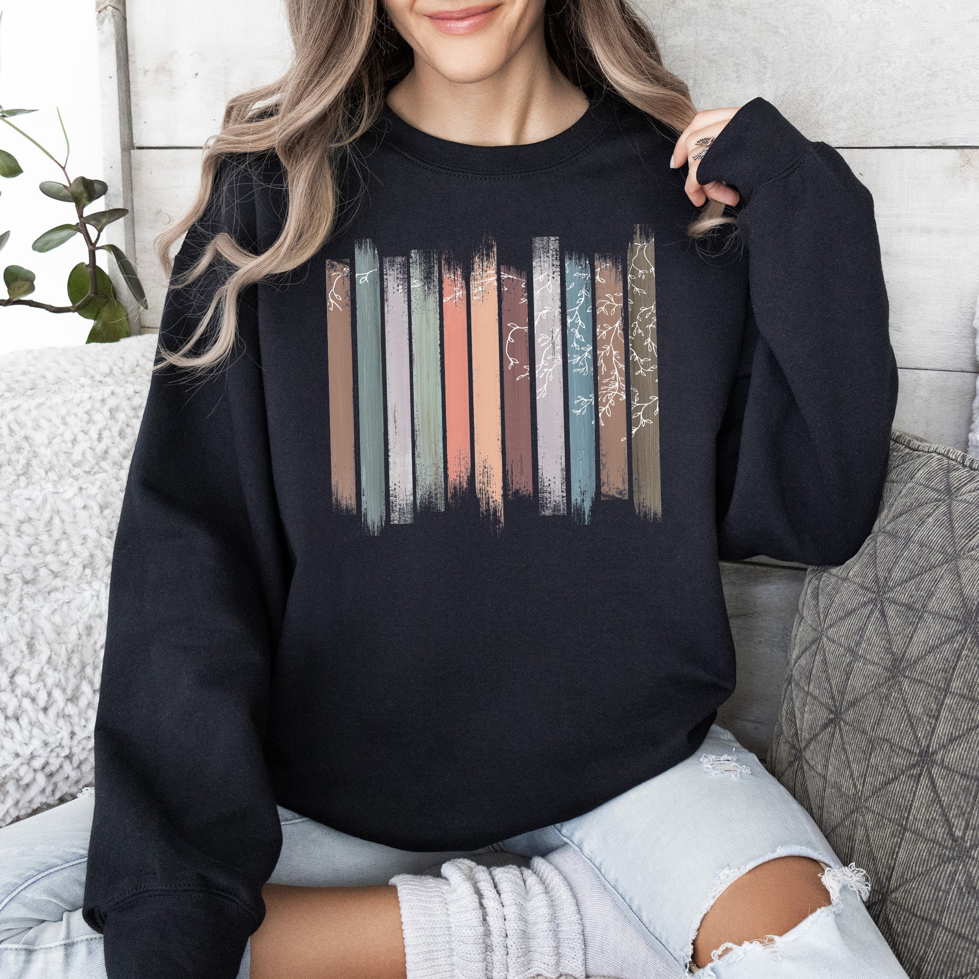 Trailing Vines, Nature, Botanical Stripes Inspired Foliage Pattern Cozy Fleece Sweatshirt