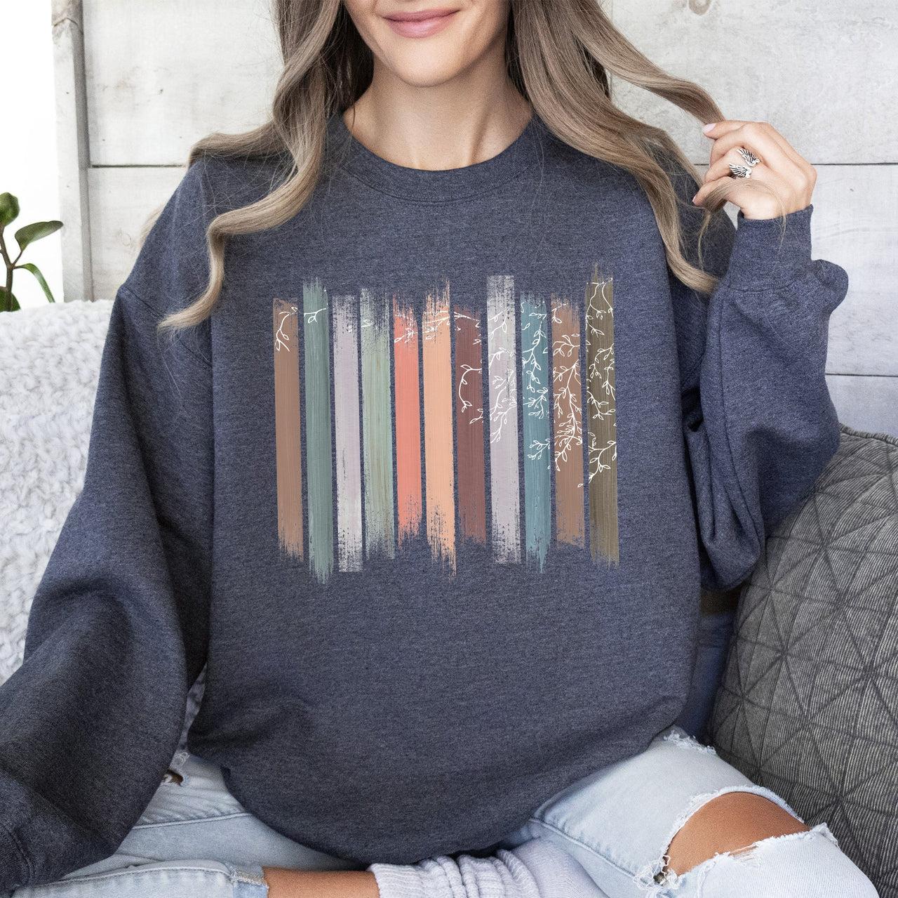 Trailing Vines, Nature, Botanical Stripes Inspired Foliage Pattern Cozy Fleece Sweatshirt