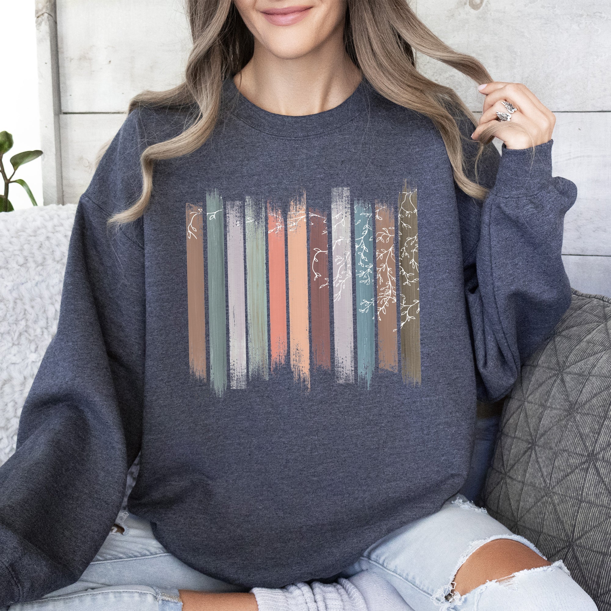 Trailing Vines, Nature, Botanical Stripes Inspired Foliage Pattern Cozy Fleece Sweatshirt