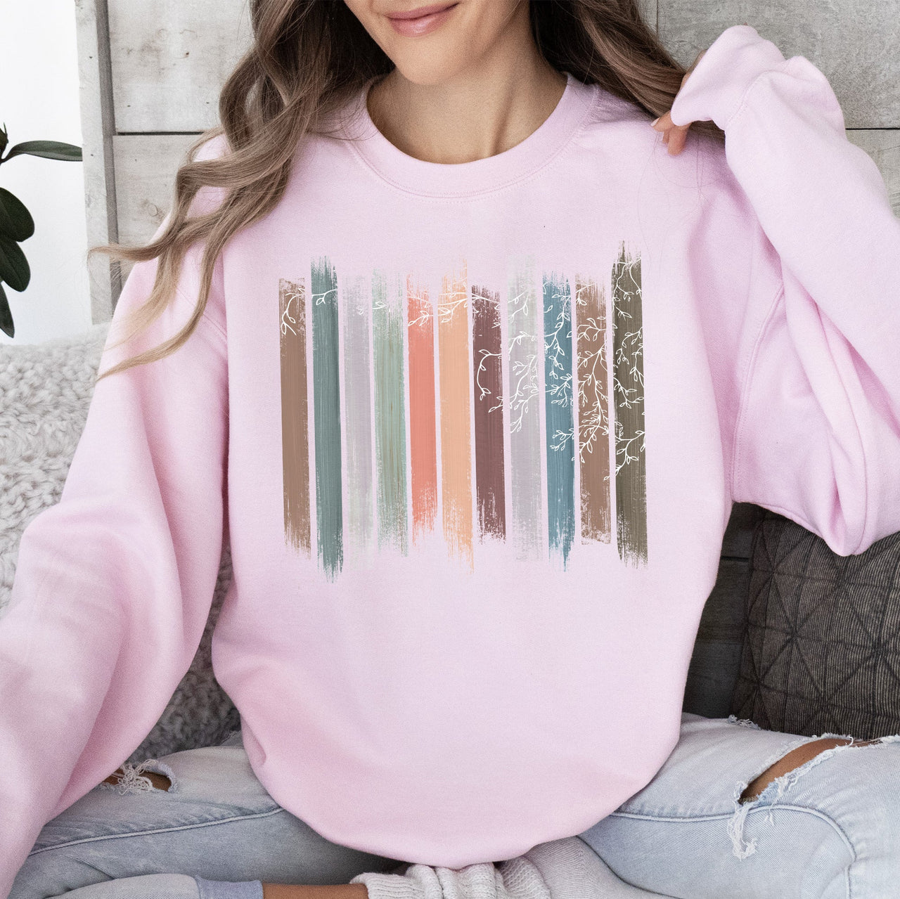 Trailing Vines, Nature, Botanical Stripes Inspired Foliage Pattern Cozy Fleece Sweatshirt