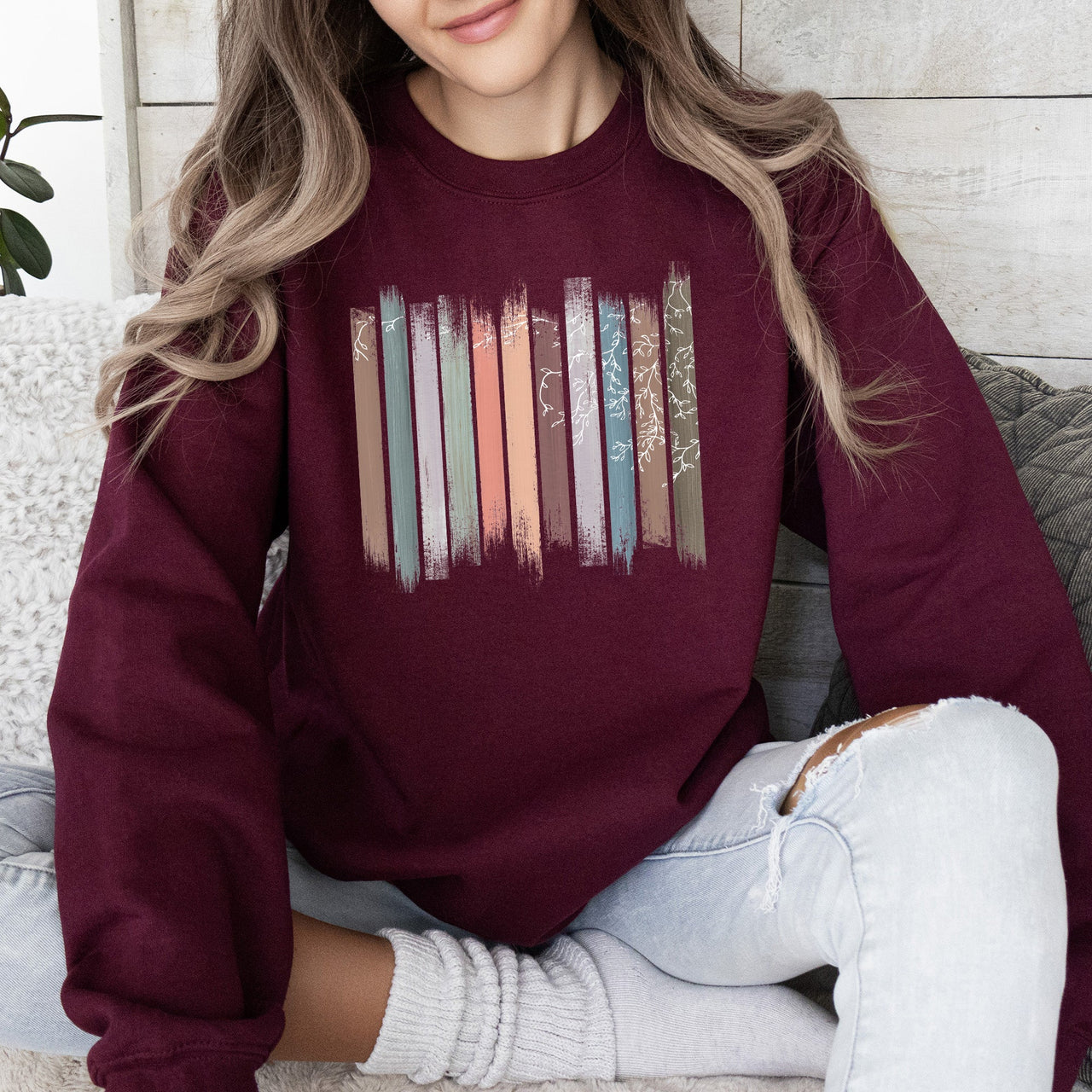 Trailing Vines, Nature, Botanical Stripes Inspired Foliage Pattern Cozy Fleece Sweatshirt