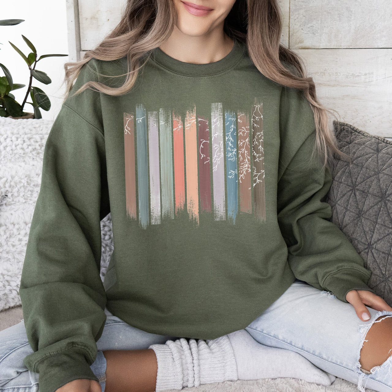 Trailing Vines, Nature, Botanical Stripes Inspired Foliage Pattern Cozy Fleece Sweatshirt
