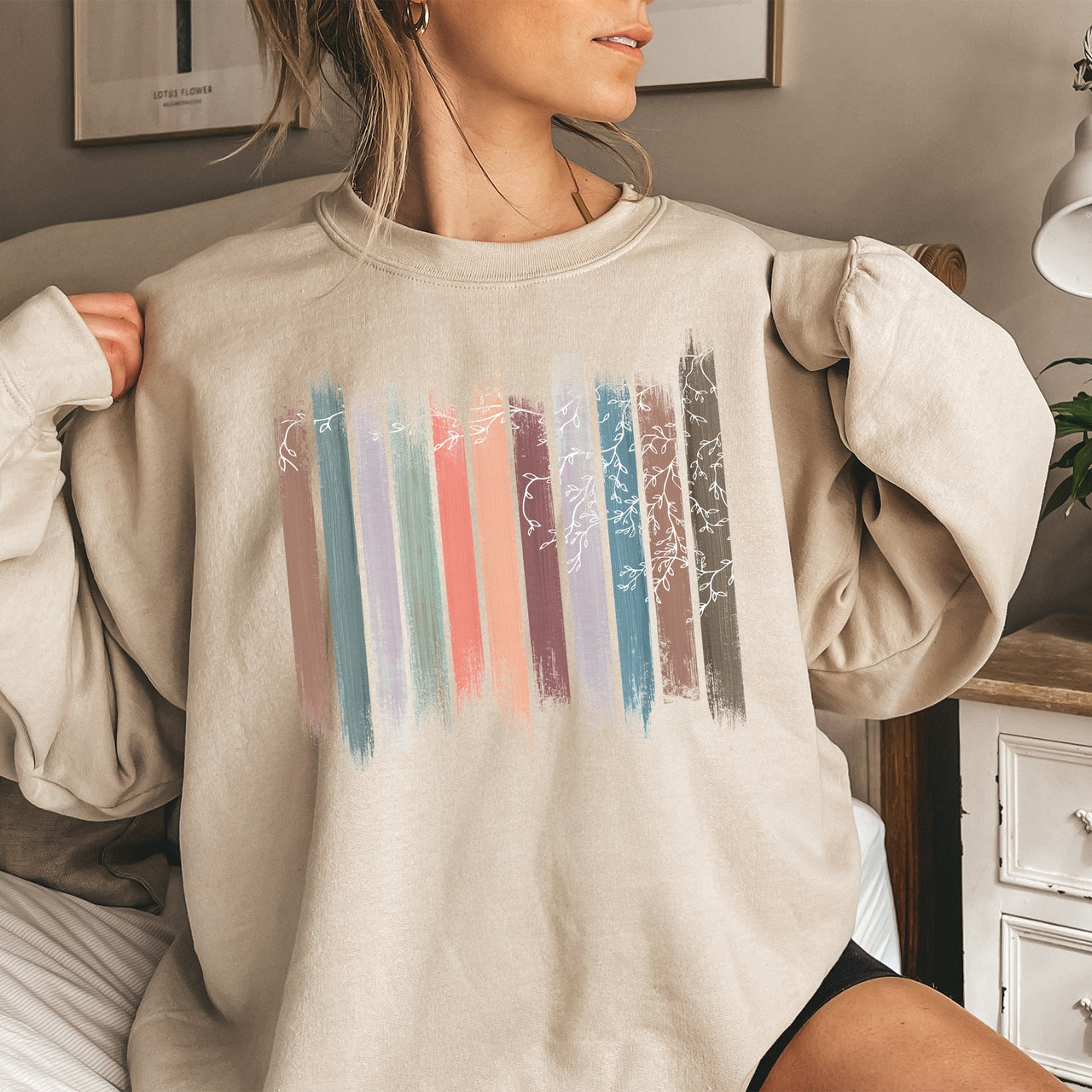 Trailing Vines, Nature, Botanical Stripes Inspired Foliage Pattern Cozy Fleece Sweatshirt