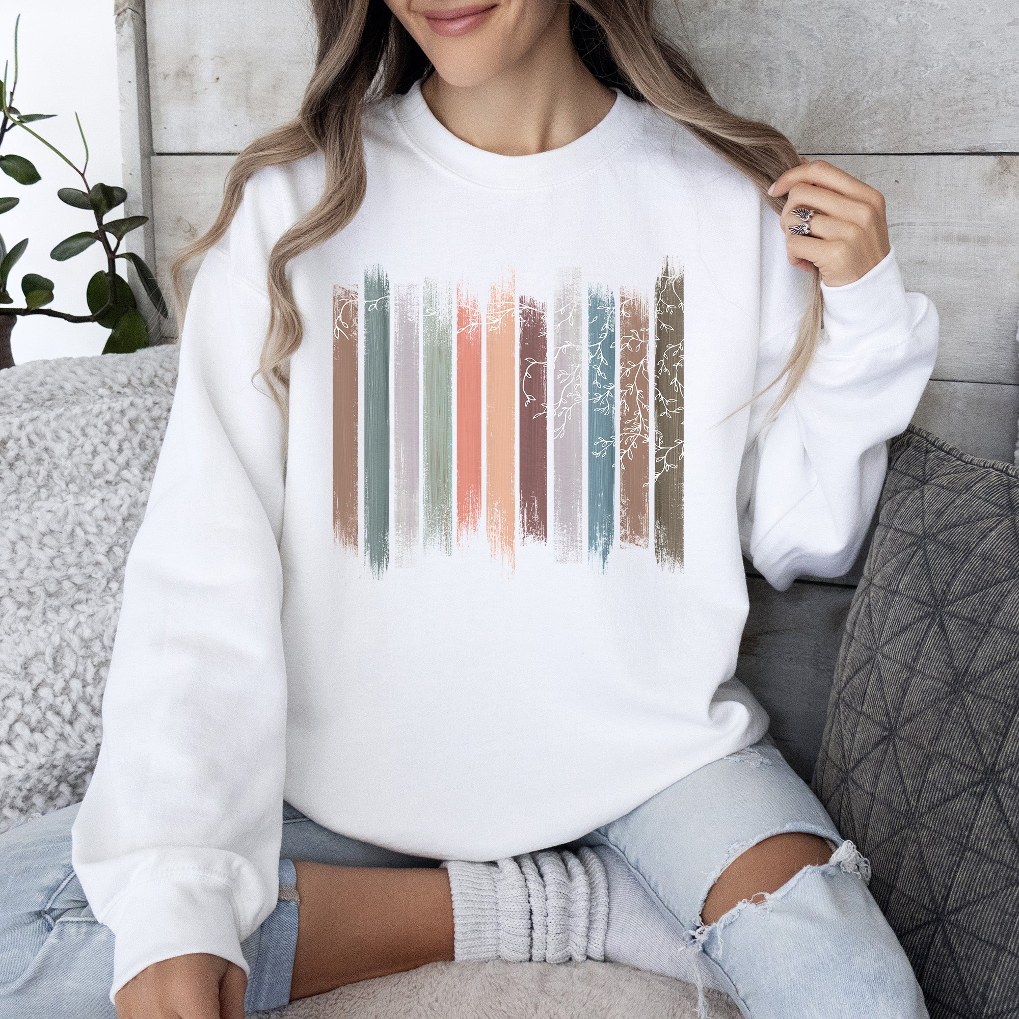 Trailing Vines, Nature, Botanical Stripes Inspired Foliage Pattern Cozy Fleece Sweatshirt