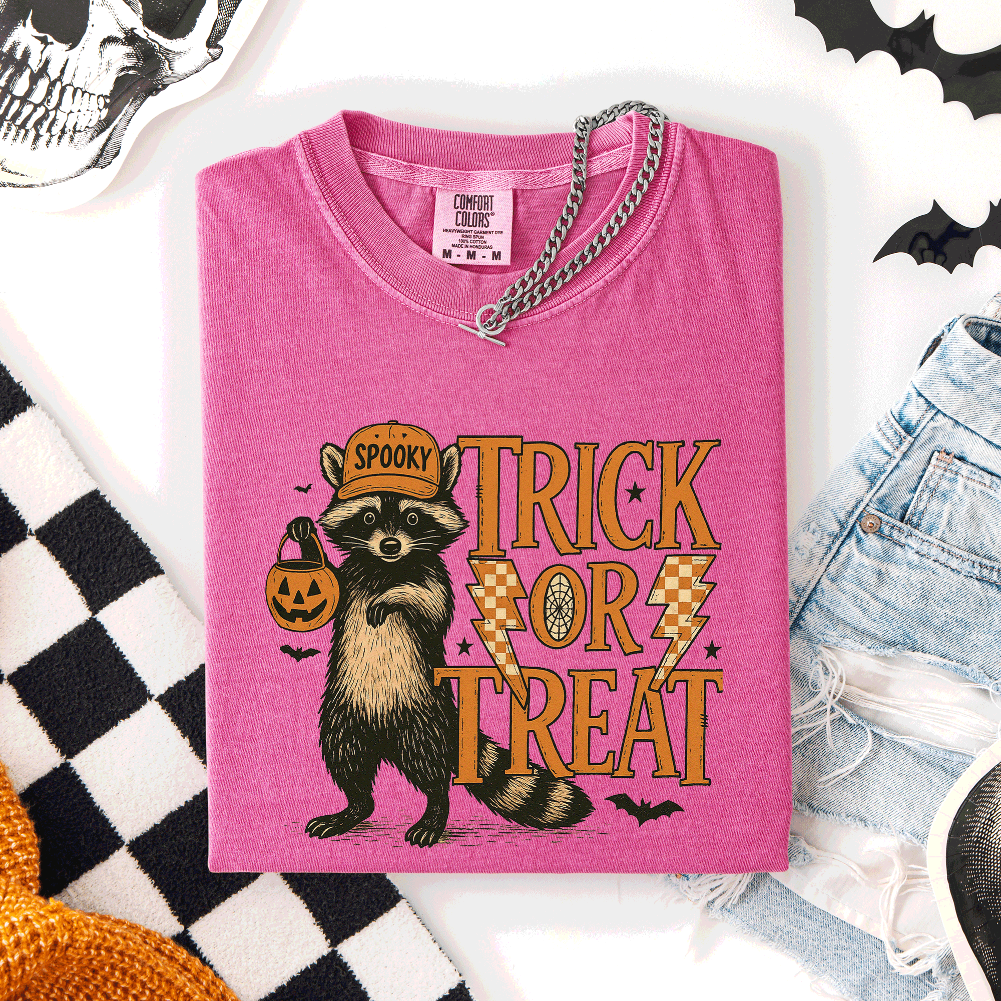 Trick or Treat Raccoon Halloween Mischief With Skeletons Ghosts Cats And Pumpkins Comfort Colors Tee