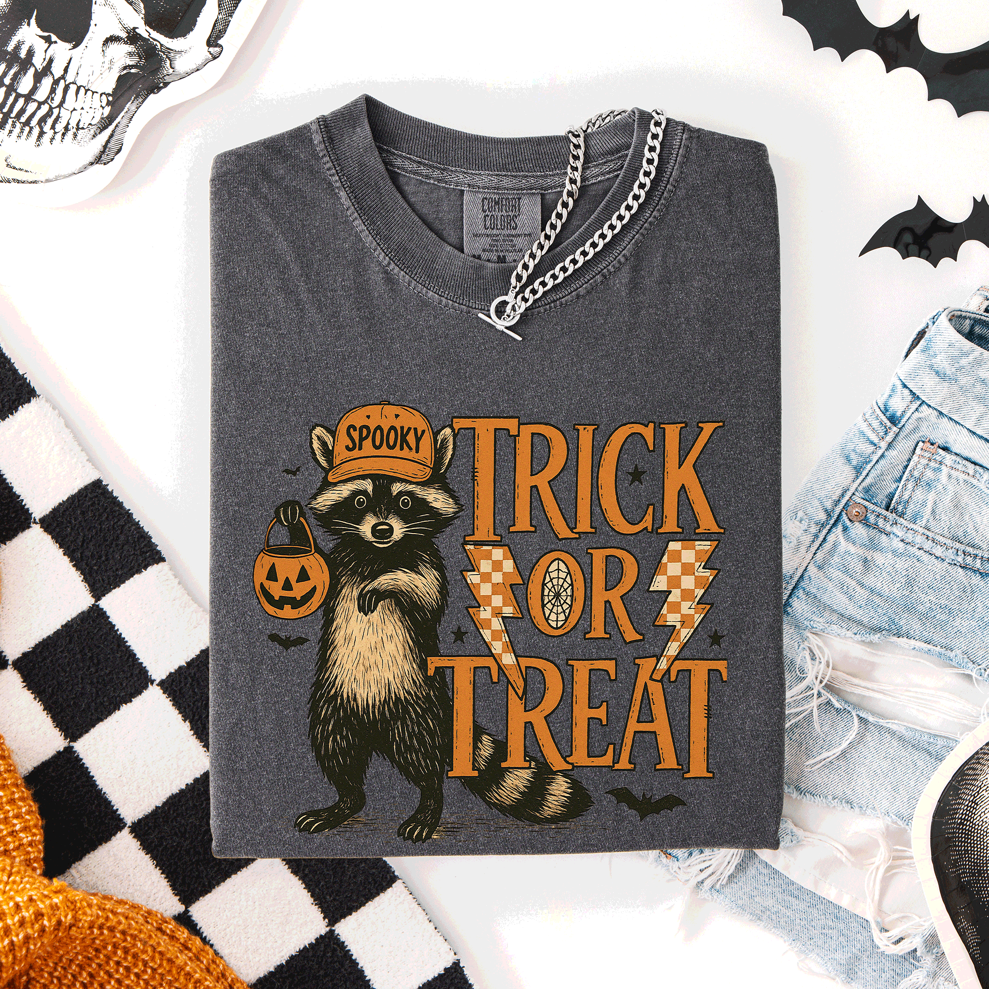 Trick or Treat Raccoon Halloween Mischief With Skeletons Ghosts Cats And Pumpkins Comfort Colors Tee