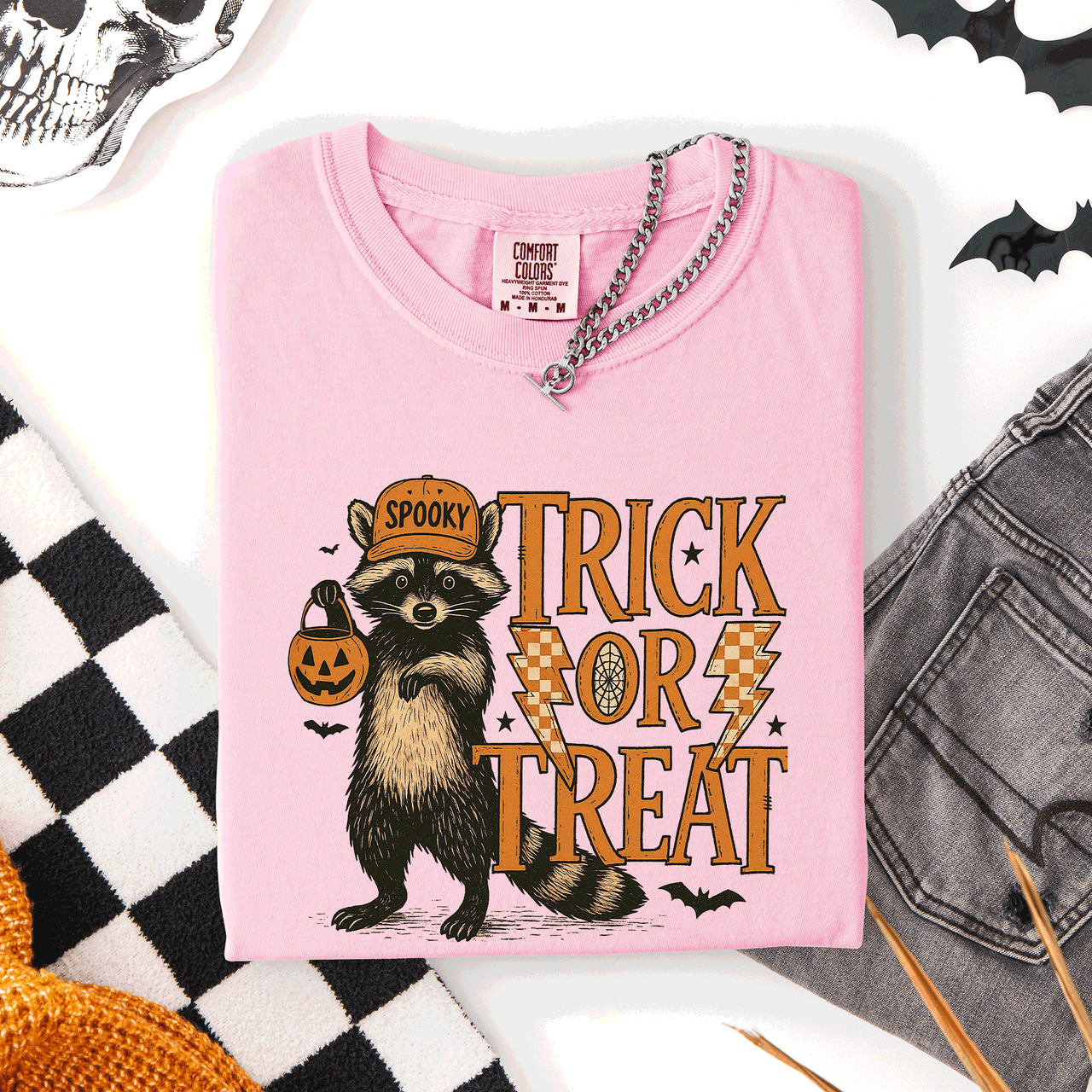 Trick or Treat Raccoon Halloween Mischief With Skeletons Ghosts Cats And Pumpkins Comfort Colors Tee