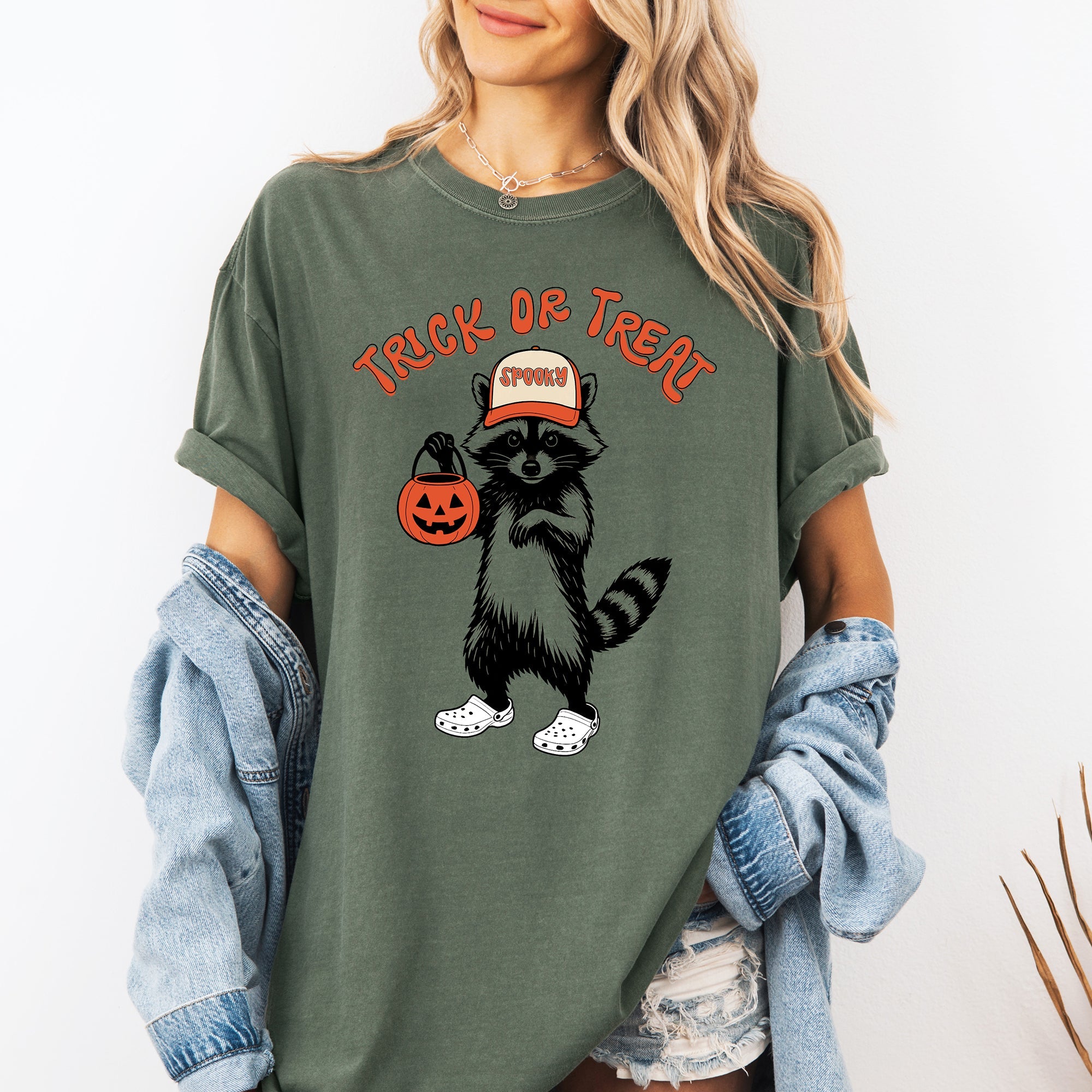 Trick Or Treat Feral Raccoon Halloween Skeletons Ghosts Witches Cats Pumpkins Graphic Comfort Colors Tee