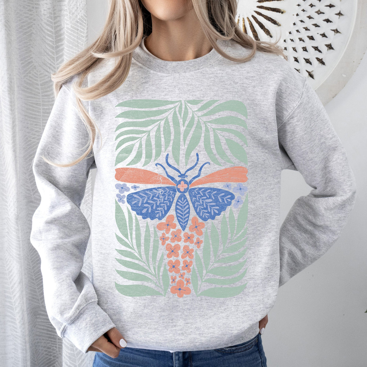 Timeless Tropical Butterfly and Palm Boho Print Design for Cozy All-Season Sweatshirt