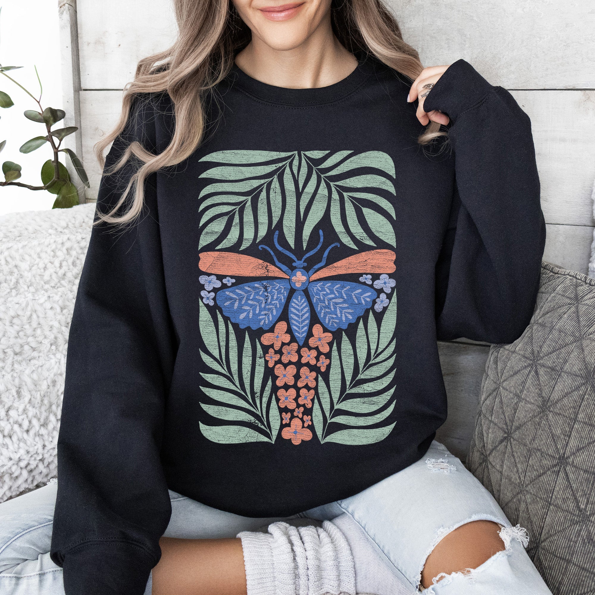 Timeless Tropical Butterfly and Palm Boho Print Design for Cozy All-Season Sweatshirt