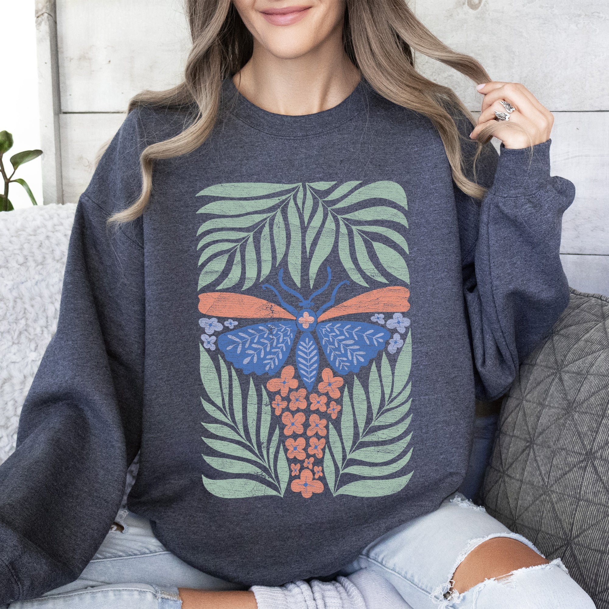 Timeless Tropical Butterfly and Palm Boho Print Design for Cozy All-Season Sweatshirt