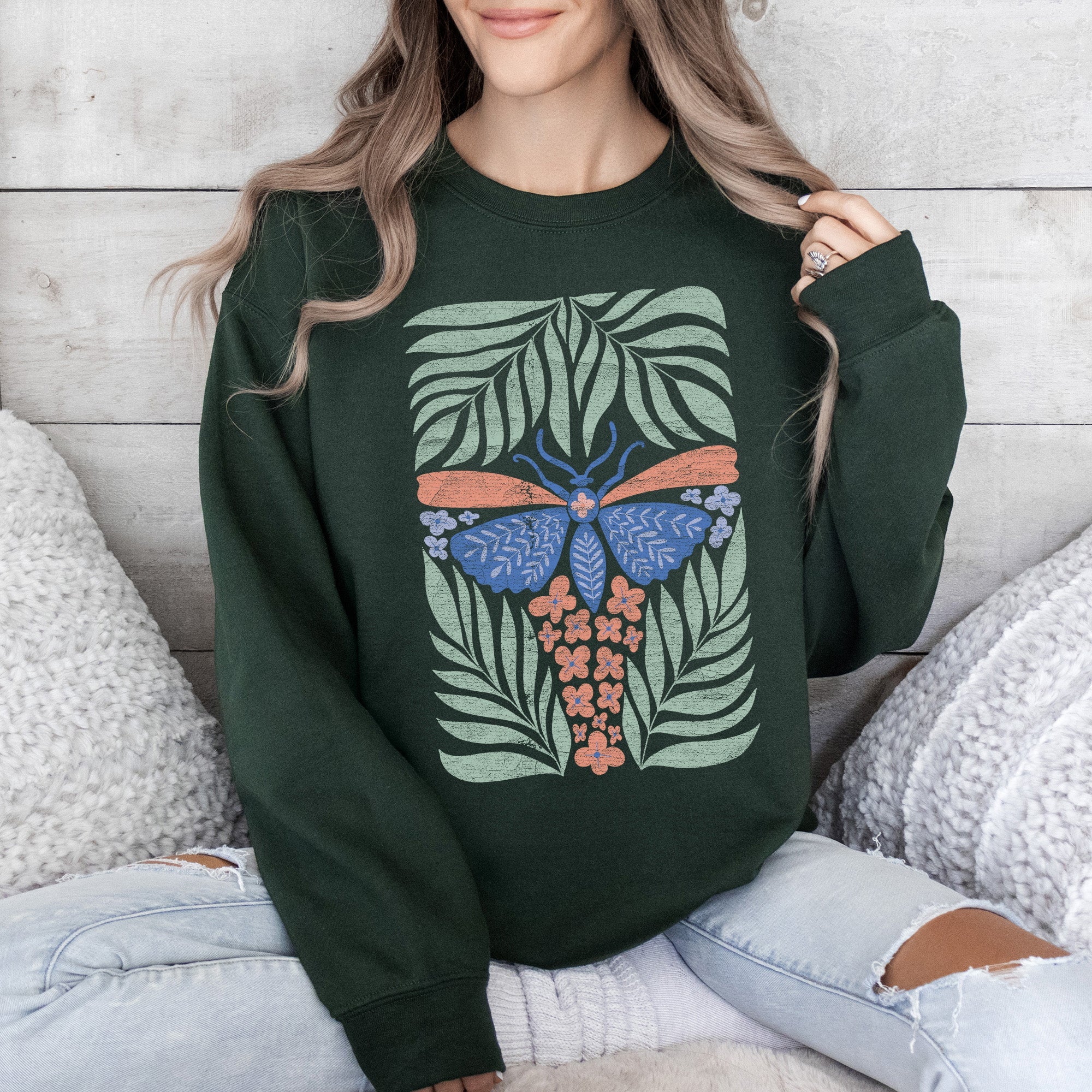 Timeless Tropical Butterfly and Palm Boho Print Design for Cozy All-Season Sweatshirt
