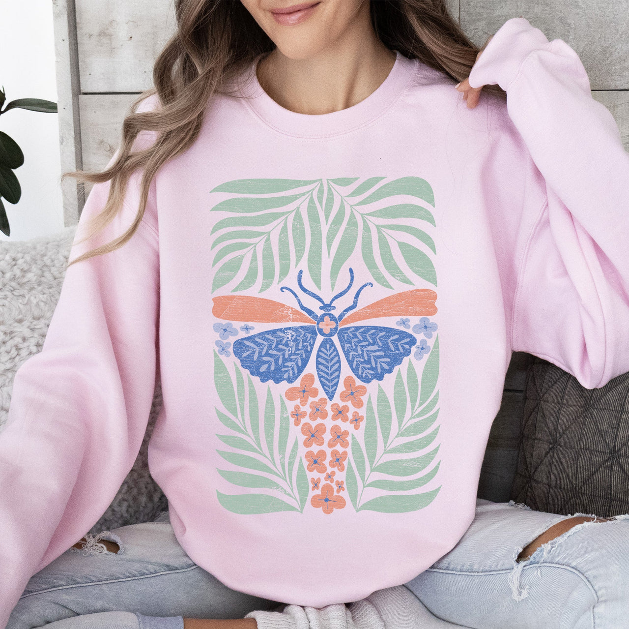 Timeless Tropical Butterfly and Palm Boho Print Design for Cozy All-Season Sweatshirt