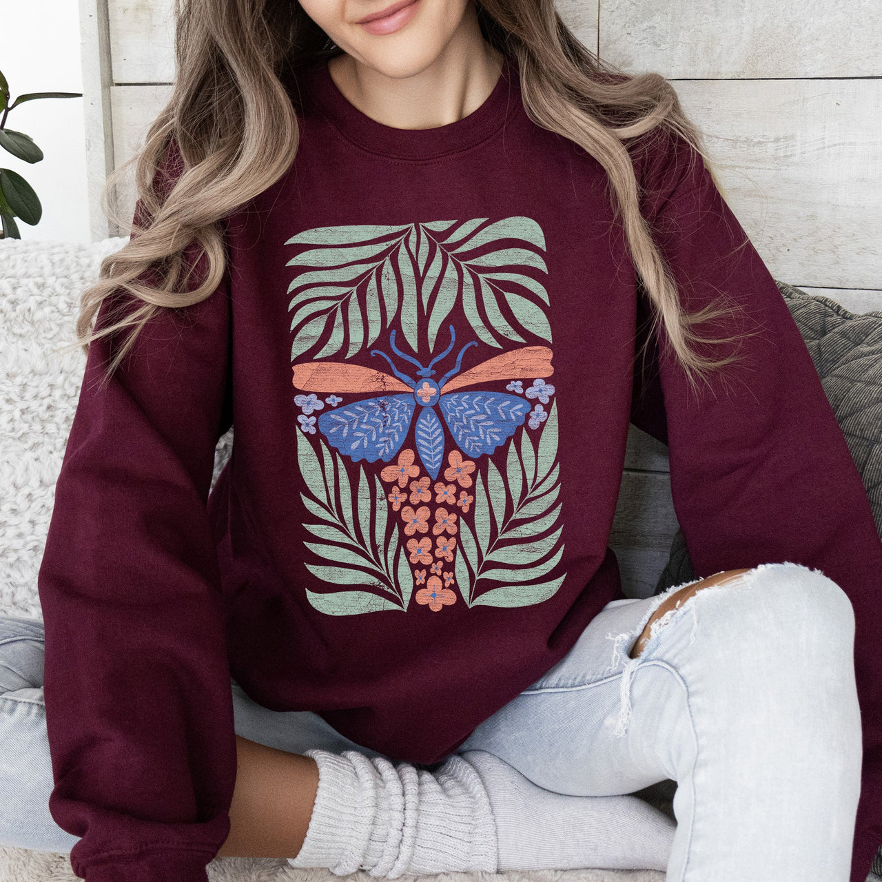 Timeless Tropical Butterfly and Palm Boho Print Design for Cozy All-Season Sweatshirt