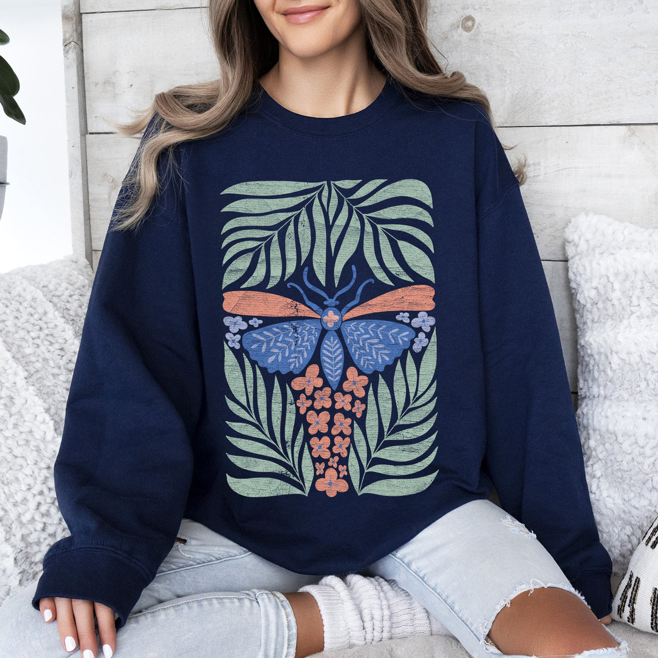 Timeless Tropical Butterfly and Palm Boho Print Design for Cozy All-Season Sweatshirt
