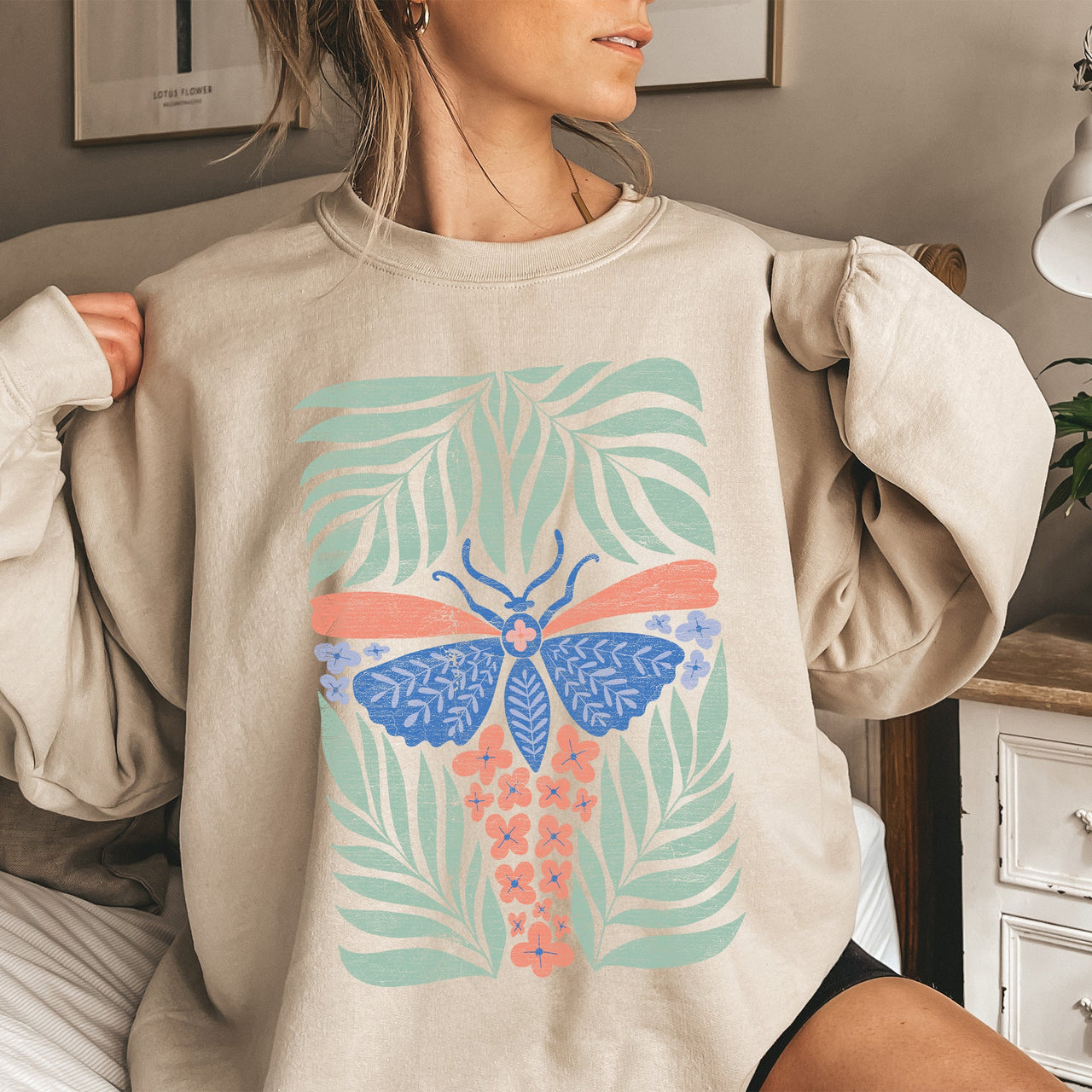 Timeless Tropical Butterfly and Palm Boho Print Design for Cozy All-Season Sweatshirt