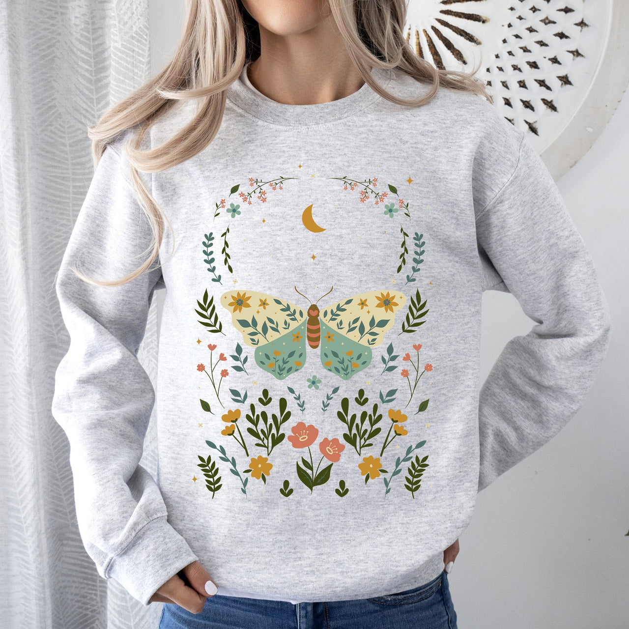 Twilight Flora and Fauna, Moon, Moth, and Flower Nature Scene Graphic Design Sweatshirt