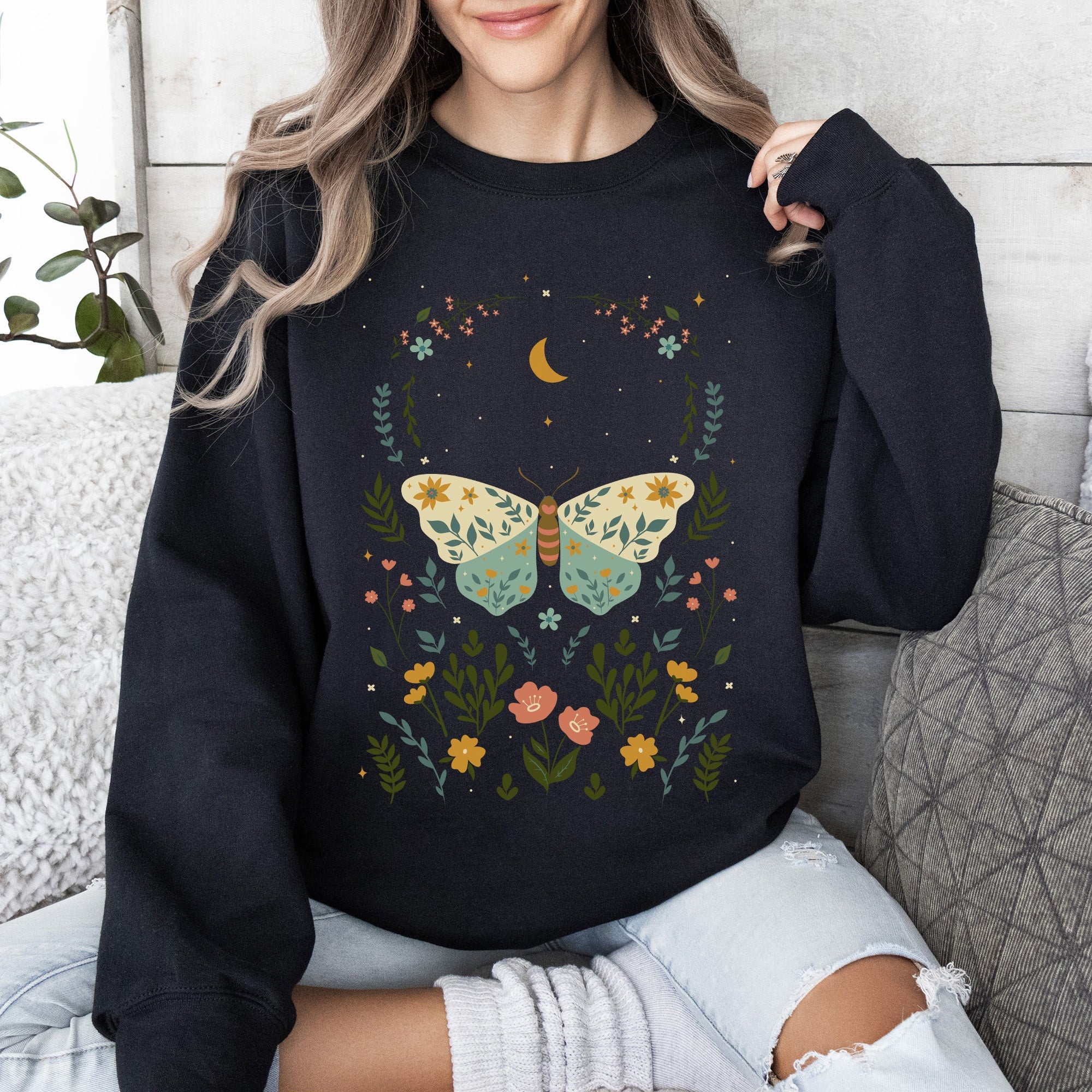 Twilight Flora and Fauna, Moon, Moth, and Flower Nature Scene Graphic Design Sweatshirt