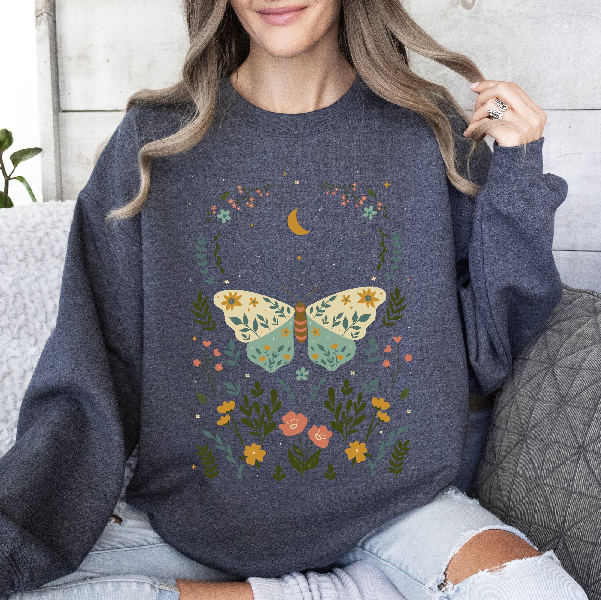 Twilight Flora and Fauna, Moon, Moth, and Flower Nature Scene Graphic Design Sweatshirt
