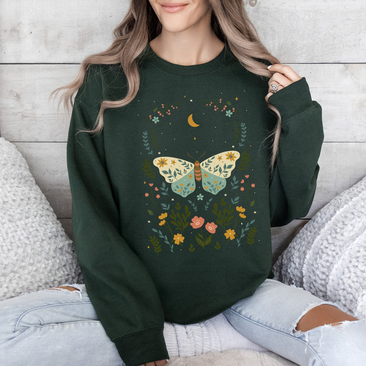 Twilight Flora and Fauna, Moon, Moth, and Flower Nature Scene Graphic Design Sweatshirt