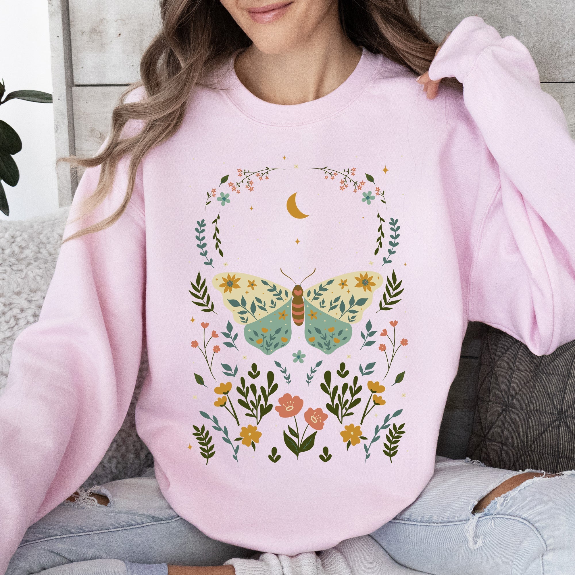 Twilight Flora and Fauna, Moon, Moth, and Flower Nature Scene Graphic Design Sweatshirt