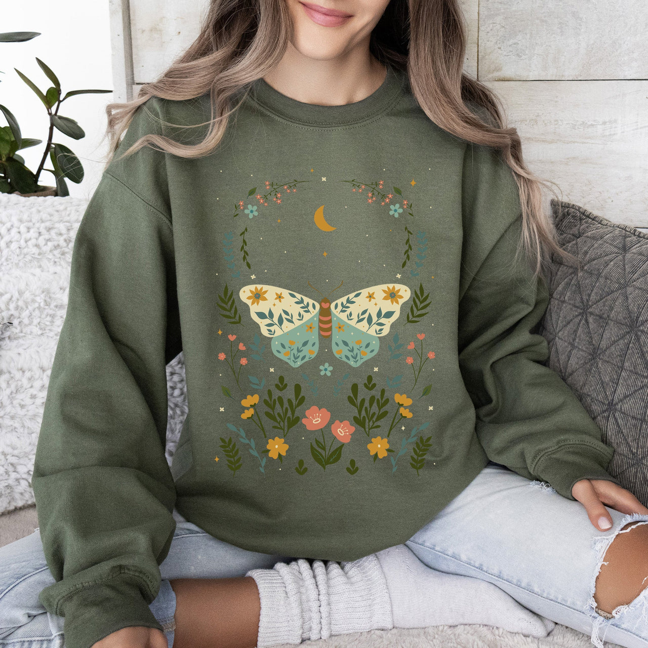 Twilight Flora and Fauna, Moon, Moth, and Flower Nature Scene Graphic Design Sweatshirt