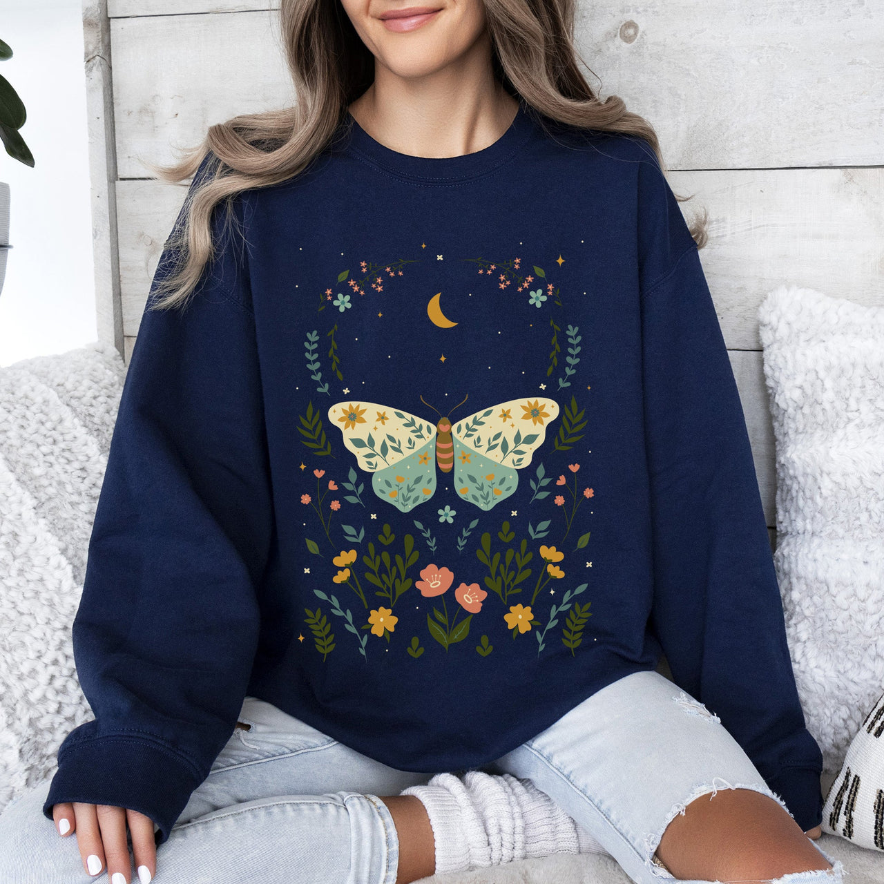 Twilight Flora and Fauna, Moon, Moth, and Flower Nature Scene Graphic Design Sweatshirt