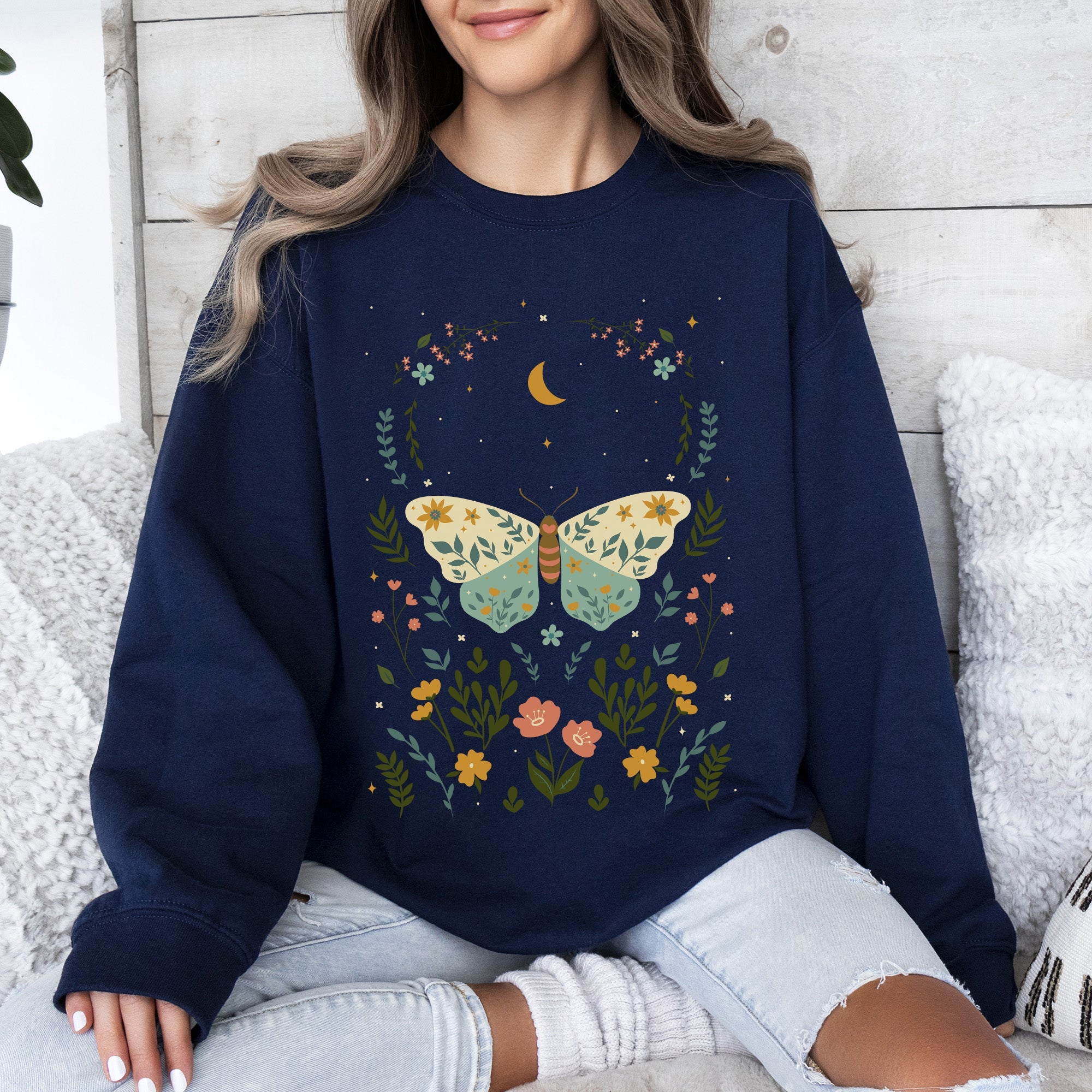 Twilight Flora and Fauna, Moon, Moth, and Flower Nature Scene Graphic Design Sweatshirt