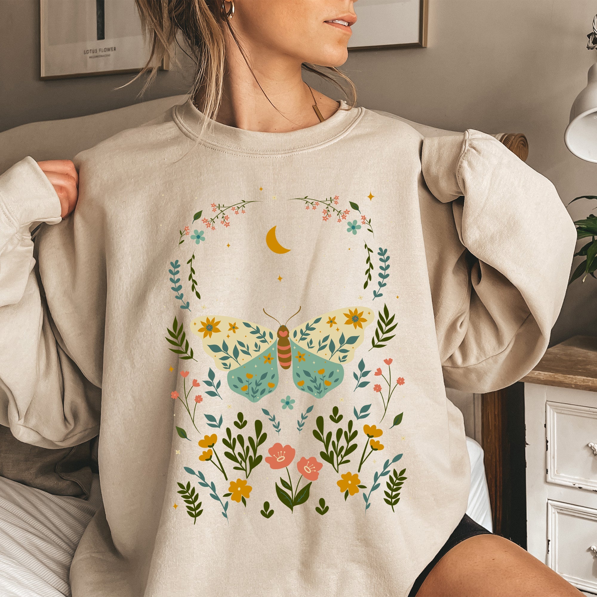 Twilight Flora and Fauna, Moon, Moth, and Flower Nature Scene Graphic Design Sweatshirt