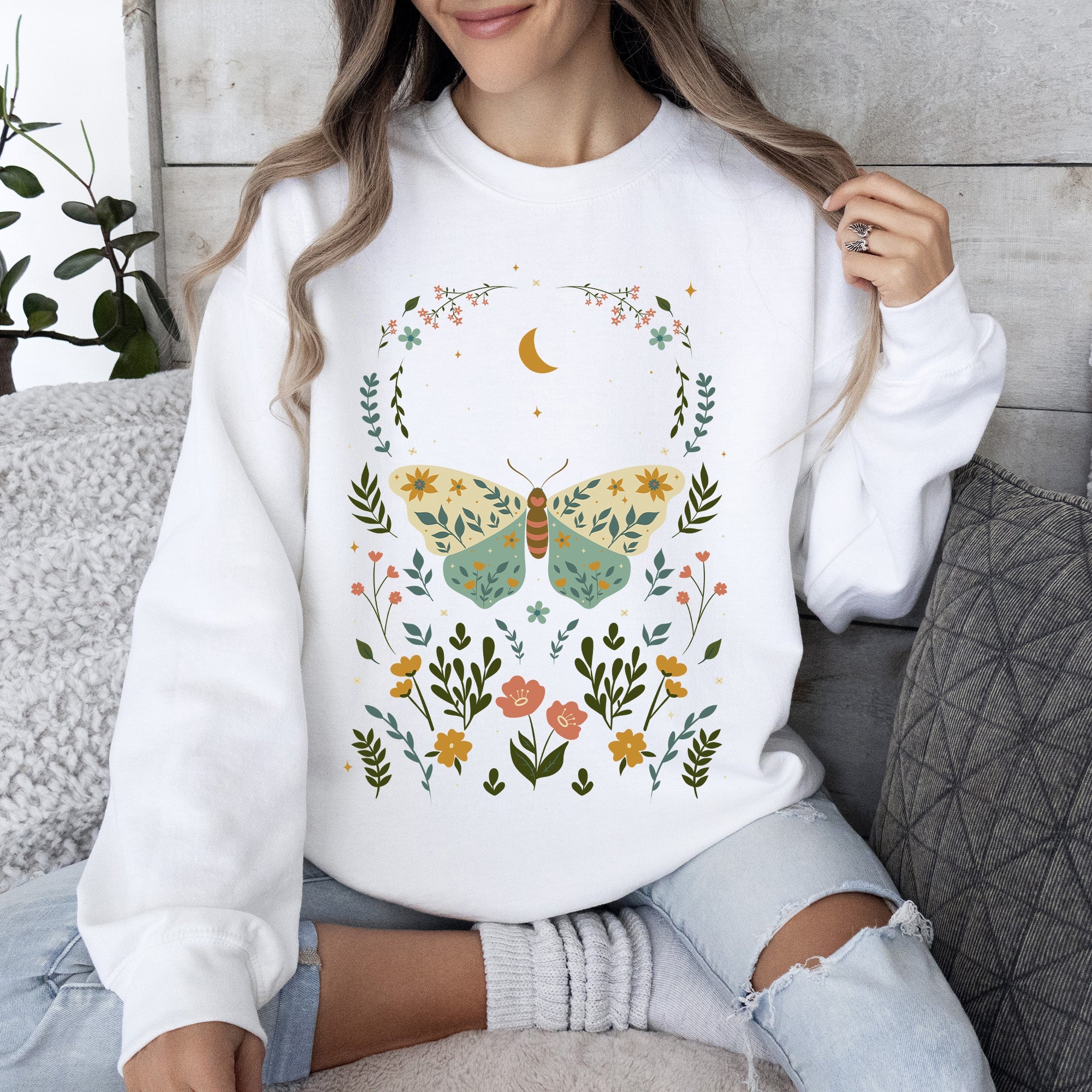 Twilight Flora and Fauna, Moon, Moth, and Flower Nature Scene Graphic Design Sweatshirt