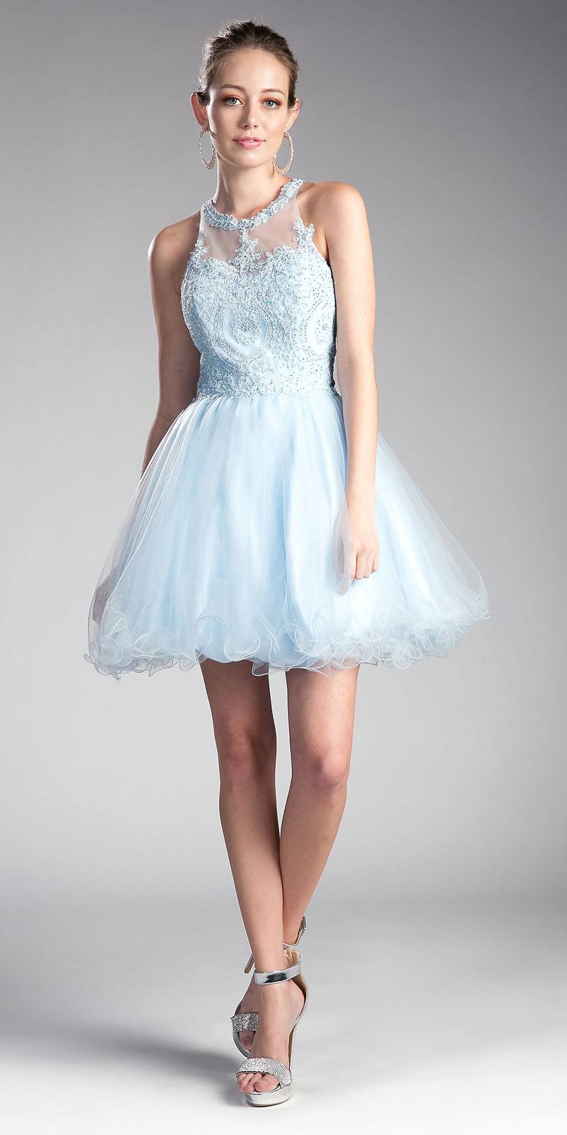 Ladivine UJ0119 Short Appliqued Bodice Halter Tulle Skirt Dress