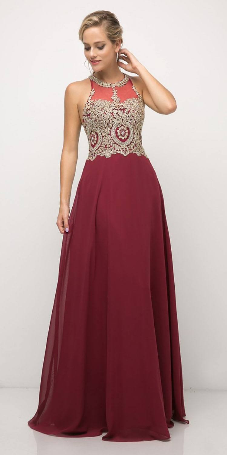 Cinderella Divine UJ0120 A-Line Chiffon Dress Halter Lace Applique Bodice