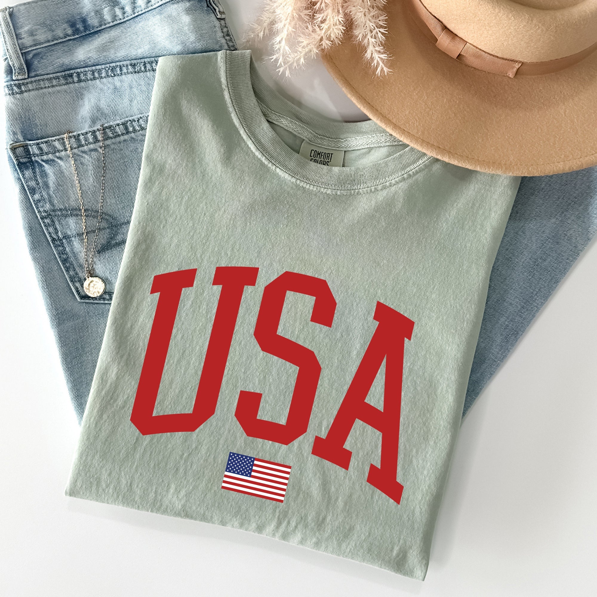 USA Flag Patriotic American Pride Print Emblem With Bold Stars And Stripes Across The Banner Comfort Colors Tee