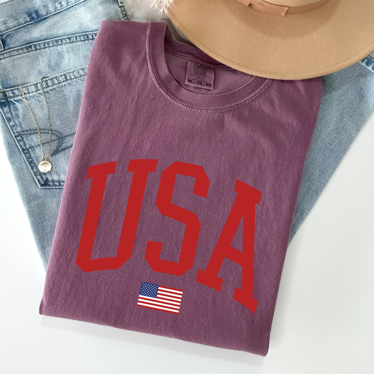 USA Flag Patriotic American Pride Print Emblem With Bold Stars And Stripes Across The Banner Comfort Colors Tee