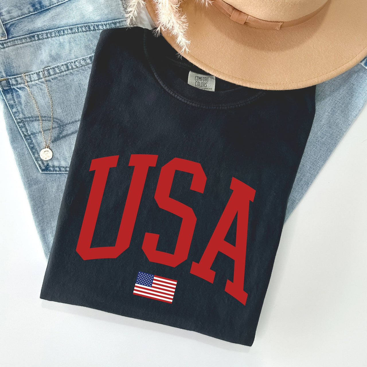 USA Flag Patriotic American Pride Print Emblem With Bold Stars And Stripes Across The Banner Comfort Colors Tee