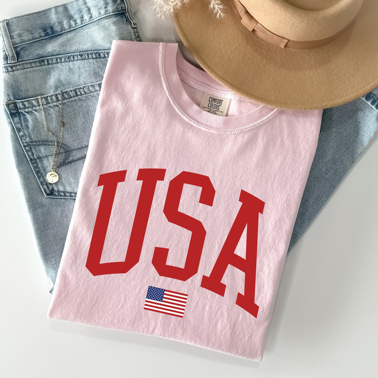 USA Flag Patriotic American Pride Print Emblem With Bold Stars And Stripes Across The Banner Comfort Colors Tee