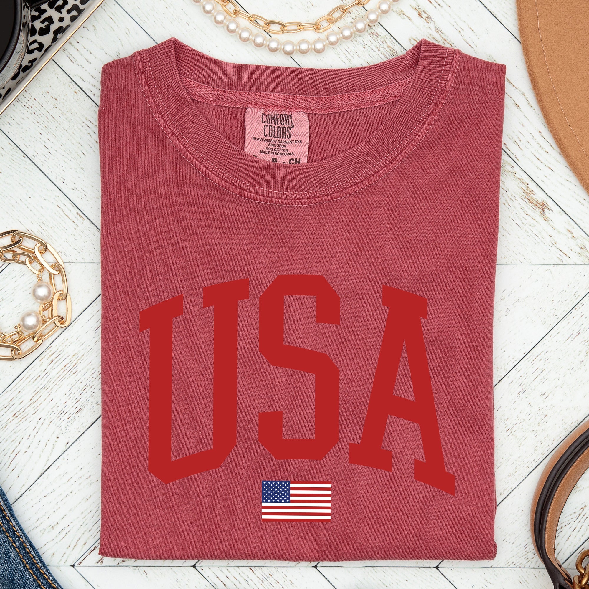 USA Flag Patriotic American Pride Print Emblem With Bold Stars And Stripes Across The Banner Comfort Colors Tee
