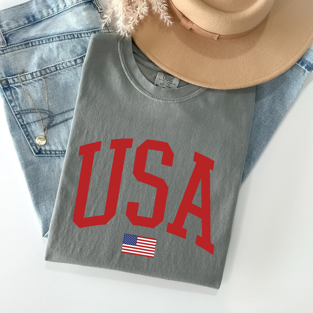USA Flag Patriotic American Pride Print Emblem With Bold Stars And Stripes Across The Banner Comfort Colors Tee