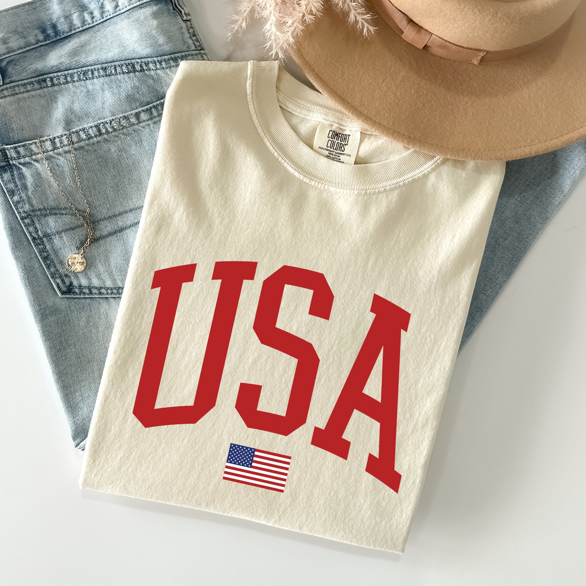 USA Flag Patriotic American Pride Print Emblem With Bold Stars And Stripes Across The Banner Comfort Colors Tee