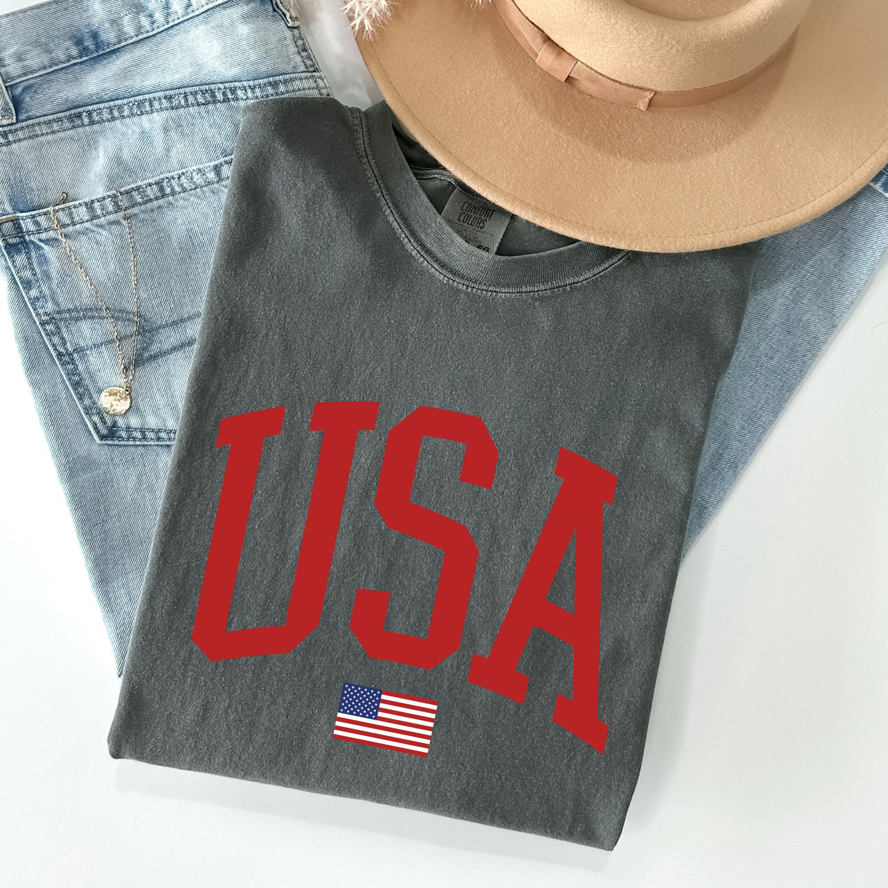 USA Flag Patriotic American Pride Print Emblem With Bold Stars And Stripes Across The Banner Comfort Colors Tee