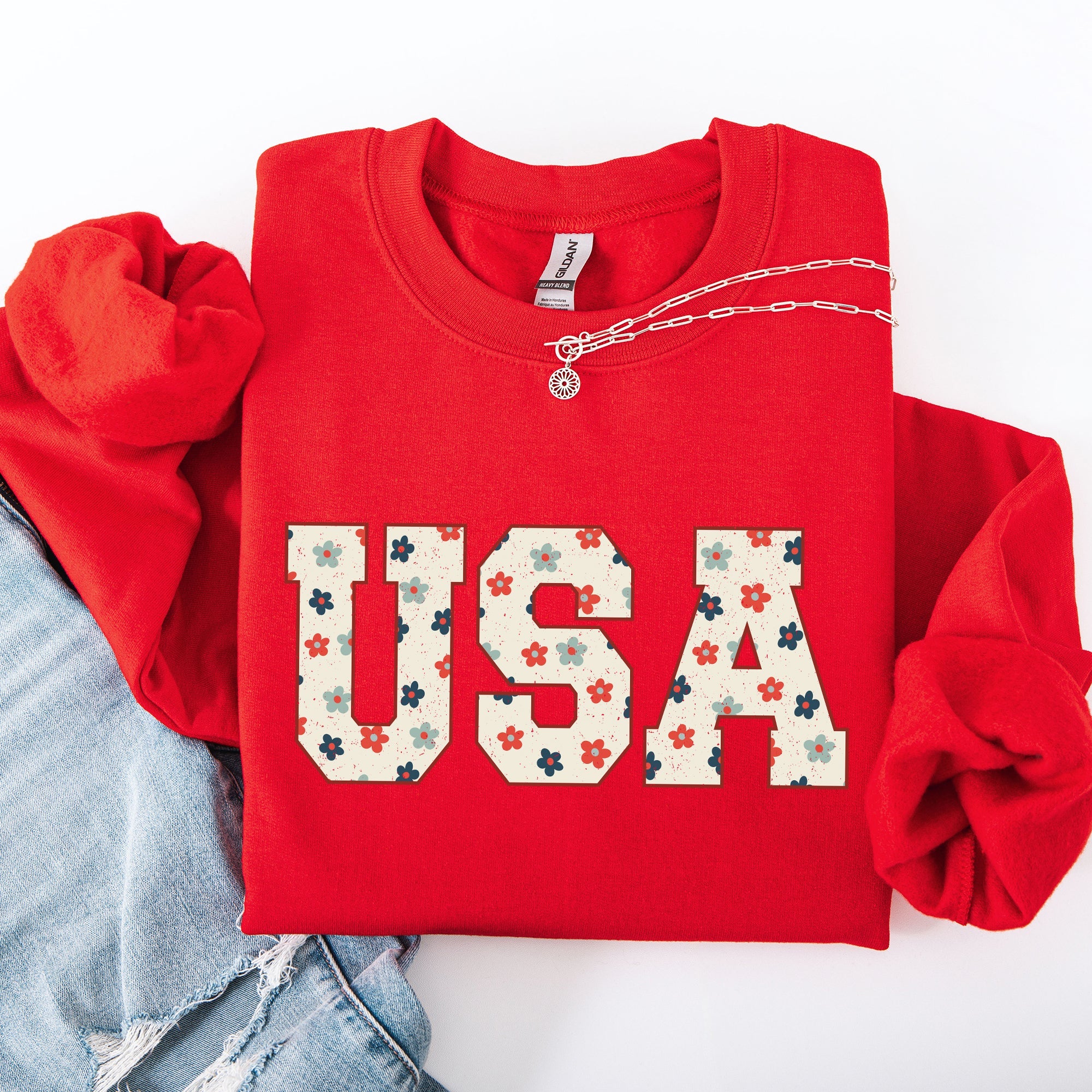 USA Flowers Minimalist Patriotic America 4th of July Independence Day Sweatshirt